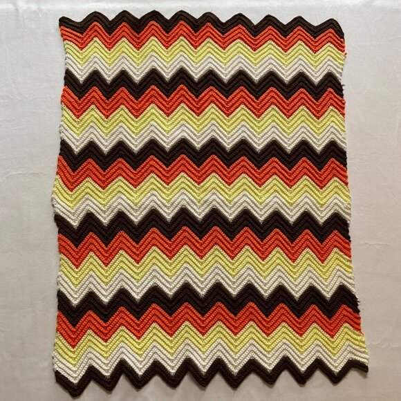 Handmade Granny Afghan Chevron Zig Zag Blanket Brown Orange Yellow Throw Blanket - Picture 3 of 3